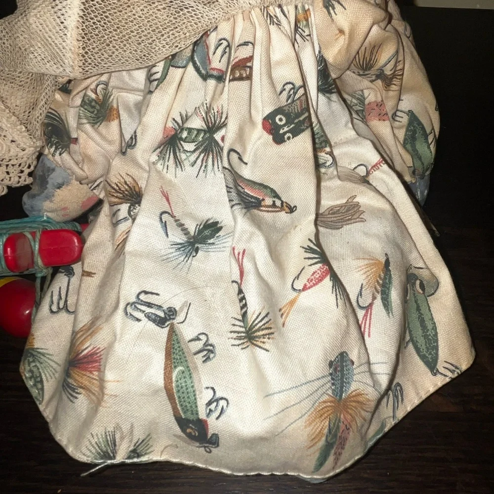 Vintage Folk Art Doll Cat Toy Handmade Fishing Theme - Picture 10 of 11